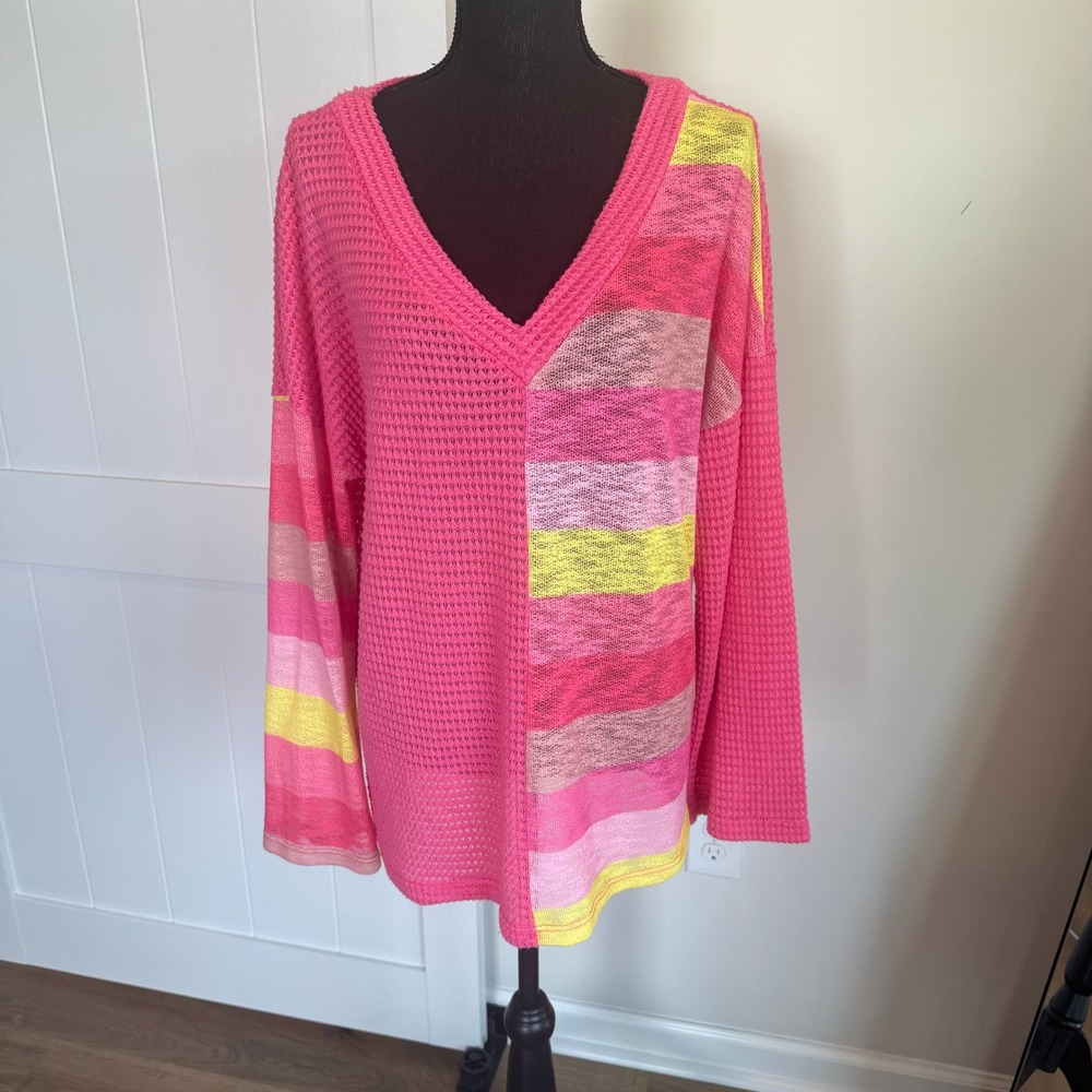BIBI Womens Pink Waffle Knit V-Neck Striped Colorblock Lightweight Sweater L